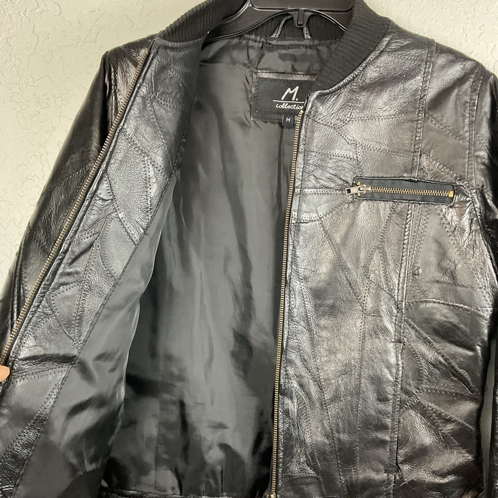 M. Collection Women’s Black Leather Patchwork Zip Up Bomber Jacket Sz Med - Picture 10 of 15